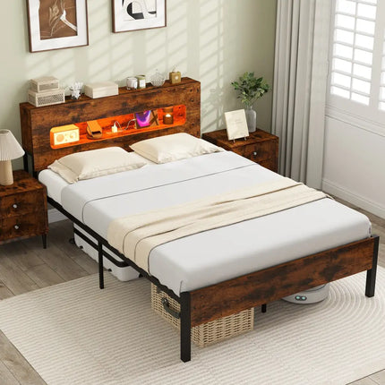 Slatted Full Bed Frame with LED Lights and Storage Headboard No Box Spring Needed-Full Size - Simple Bed Frame