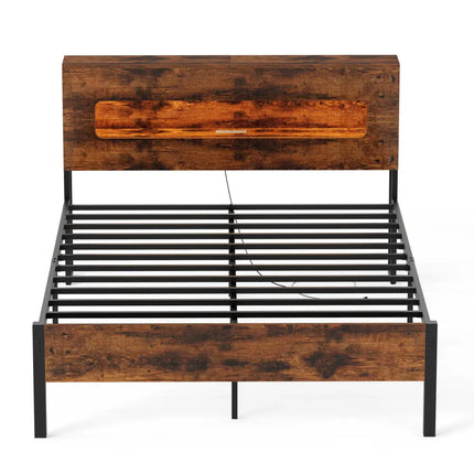 Slatted Full Bed Frame with LED Lights and Storage Headboard No Box Spring Needed-Full Size - Simple Bed Frame
