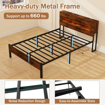 Slatted Full Bed Frame with LED Lights and Storage Headboard No Box Spring Needed-Full Size - Simple Bed Frame