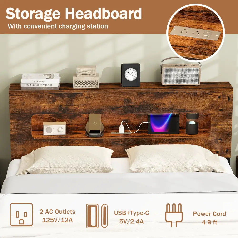 Slatted Full Bed Frame with LED Lights and Storage Headboard No Box Spring Needed-Full Size - Simple Bed Frame