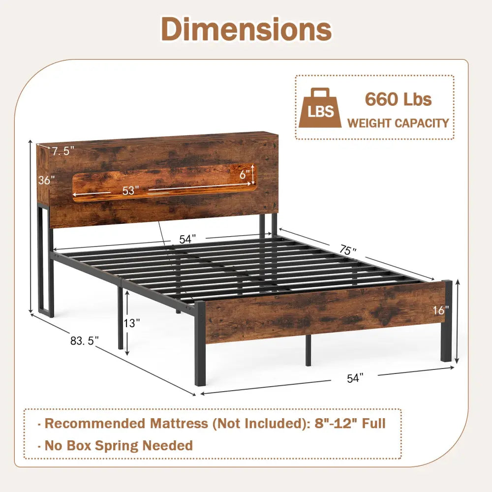 Slatted Full Bed Frame with LED Lights and Storage Headboard No Box Spring Needed-Full Size - Simple Bed Frame