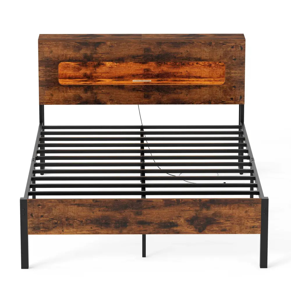 Slatted Full Bed Frame with LED Lights and Storage Headboard No Box Spring Needed-Full Size - Simple Bed Frame