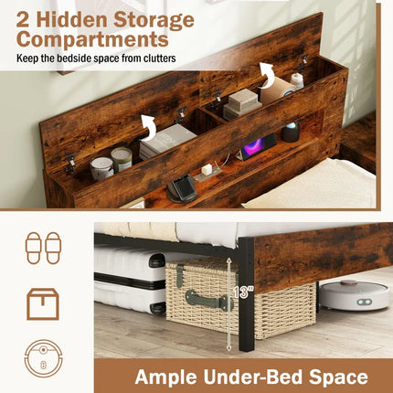 Slatted Full Bed Frame with LED Lights and Storage Headboard No Box Spring Needed-Full Size - Simple Bed Frame