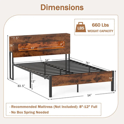 Slatted Full Bed Frame with LED Lights and Storage Headboard No Box Spring Needed-Full Size - Simple Bed Frame