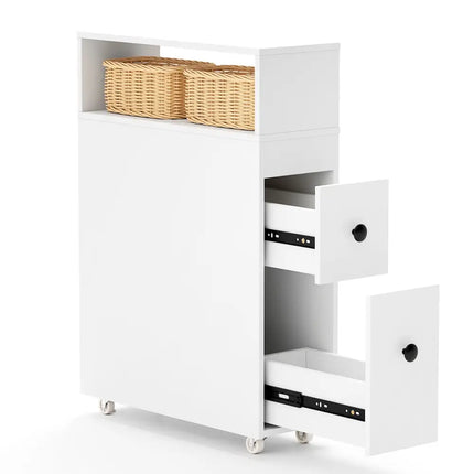 Slim Bathroom Cabinet Wooden Toilet Organizer with Deep Slide Out Drawers - White - Floor Cabinets