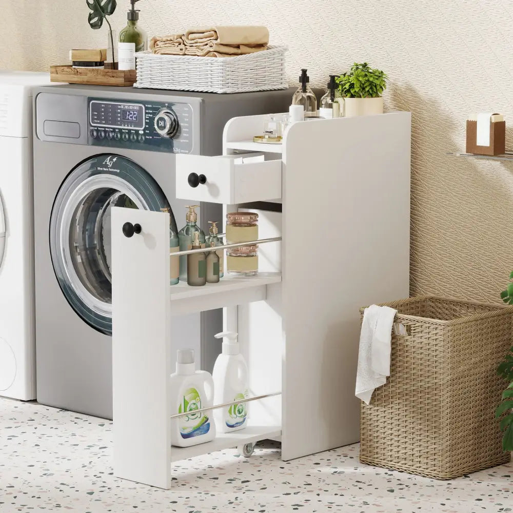 Small Bathroom Storage Cabinet 4-Tier with Slide Out Drawers on Casters-White - White - Floor Cabinets