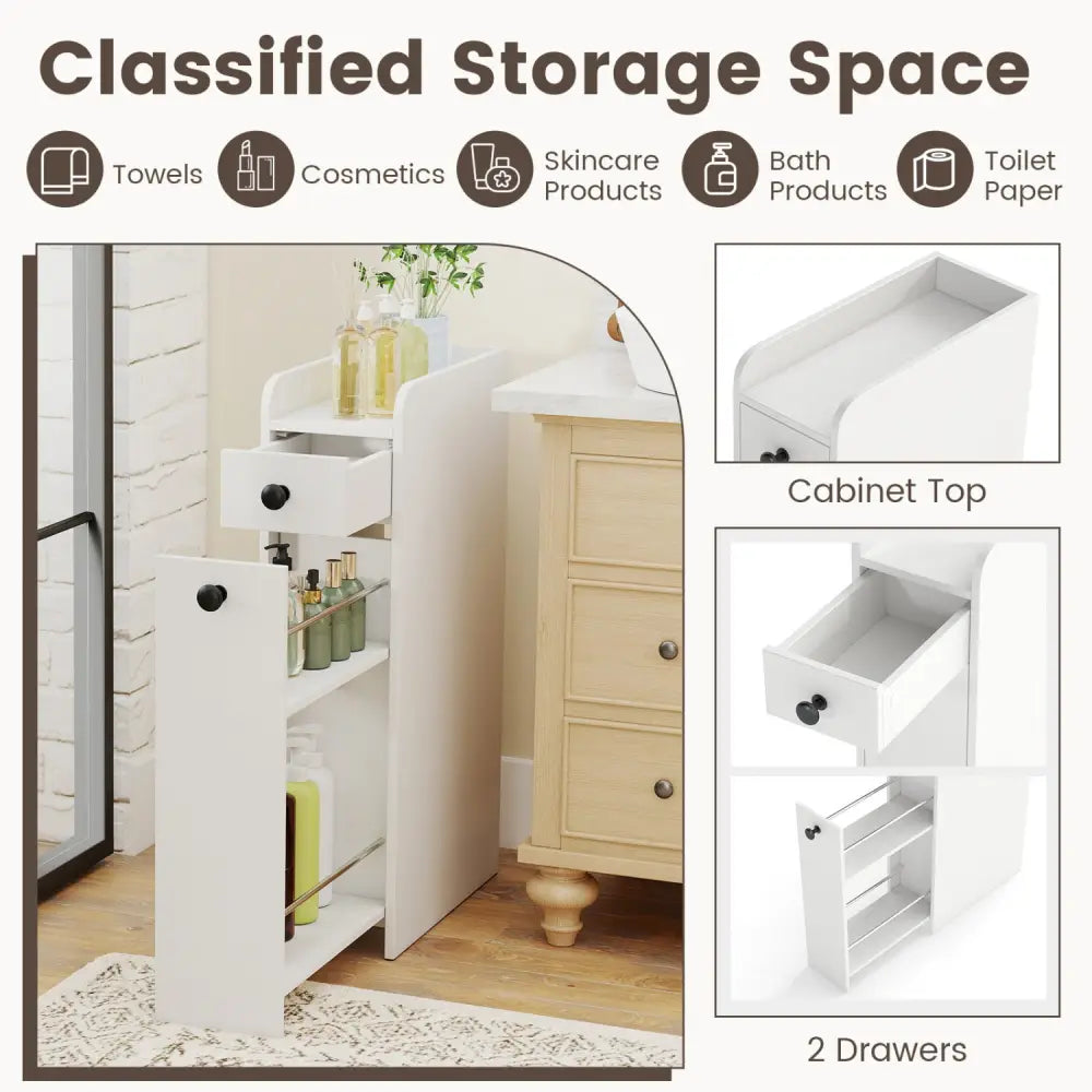 Small Bathroom Storage Cabinet 4-Tier with Slide Out Drawers on Casters-White - White - Floor Cabinets