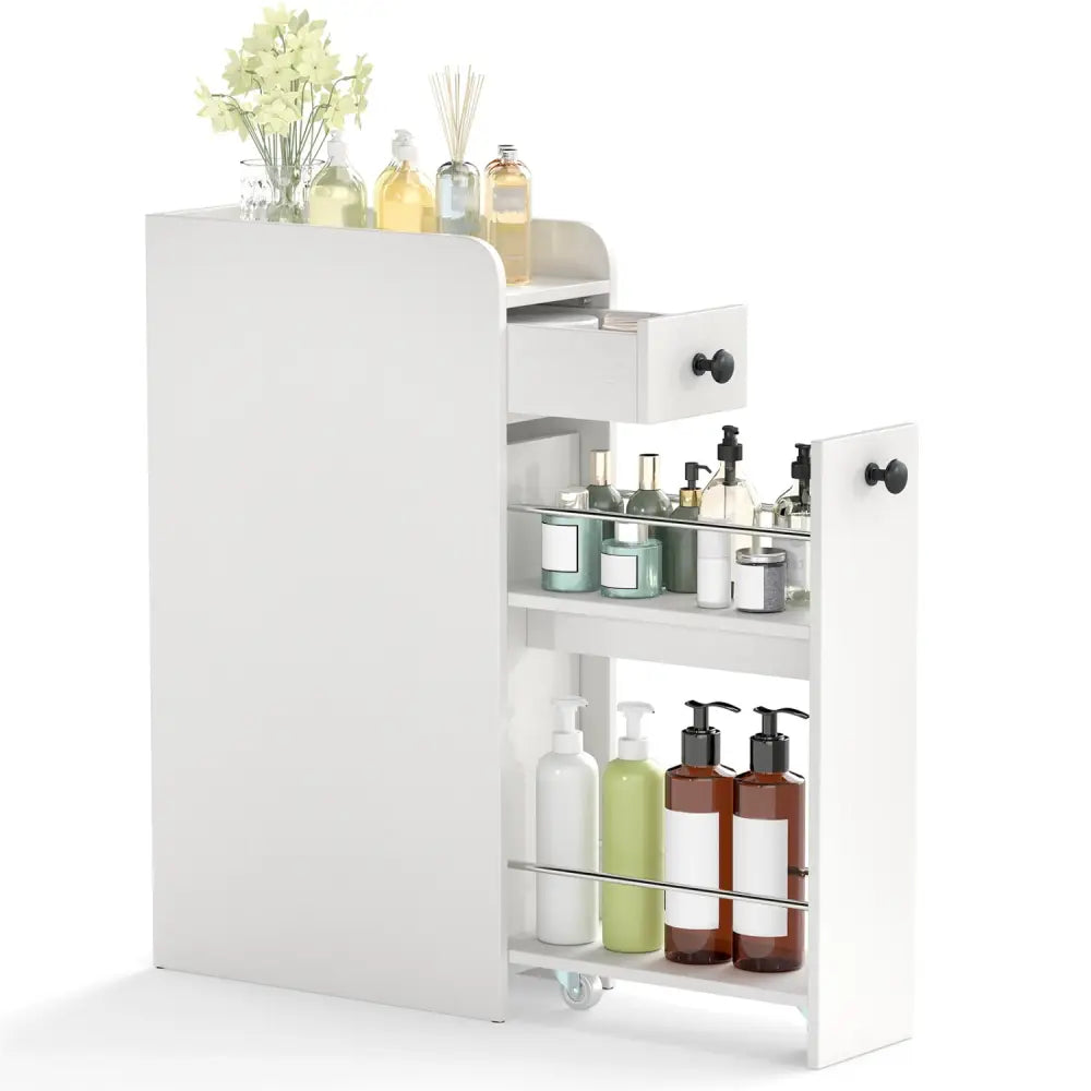 Small Bathroom Storage Cabinet 4-Tier with Slide Out Drawers on Casters-White - White - Floor Cabinets