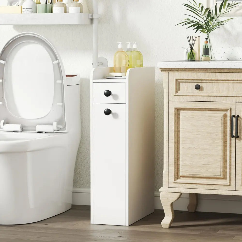 Small Bathroom Storage Cabinet 4-Tier with Slide Out Drawers on Casters-White - White - Floor Cabinets