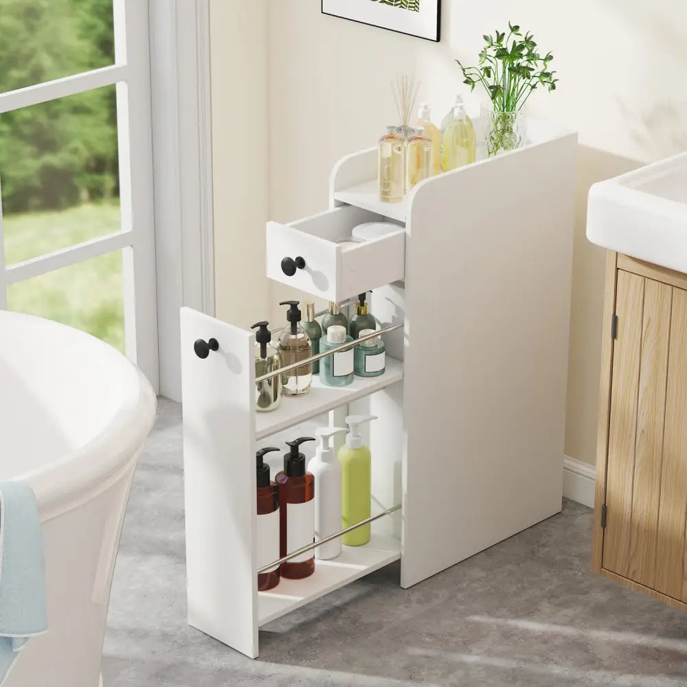 Small Bathroom Storage Cabinet 4-Tier with Slide Out Drawers on Casters-White - White - Floor Cabinets