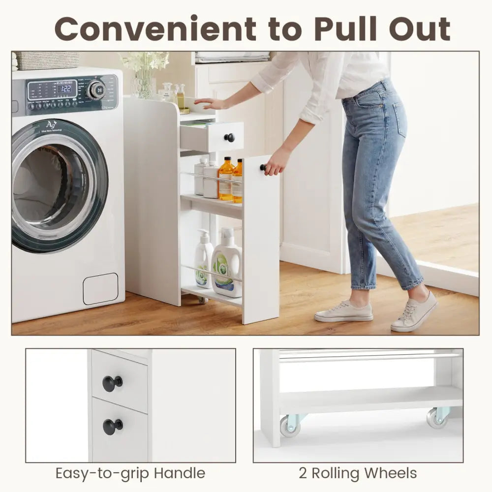 Small Bathroom Storage Cabinet 4-Tier with Slide Out Drawers on Casters-White - White - Floor Cabinets