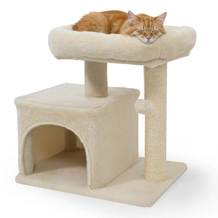 Small Cat Tree with Large Padded Plush Perch for Indoor Cats - Beige - Oasis Home Essentials