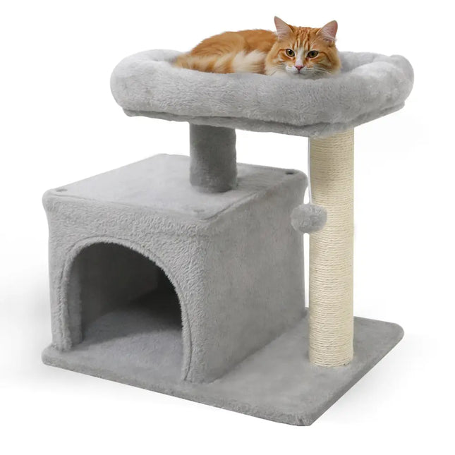 Small Cat Tree with Large Padded Plush Perch for Indoor Cats - Light Gray - Oasis Home Essentials