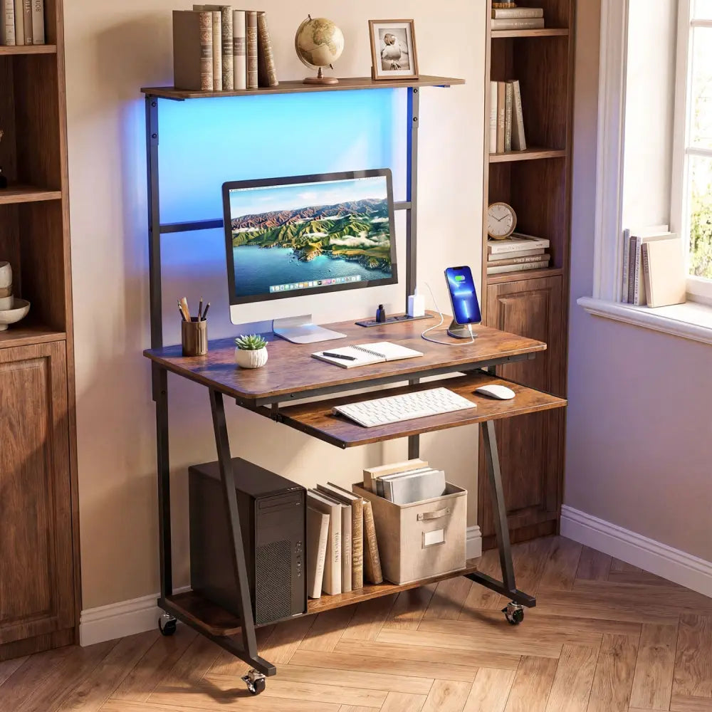 Small Computer Desk with Charging Station and LED Lights and Wheels-Rustic Brown - Rustic Brown - Computer Desks