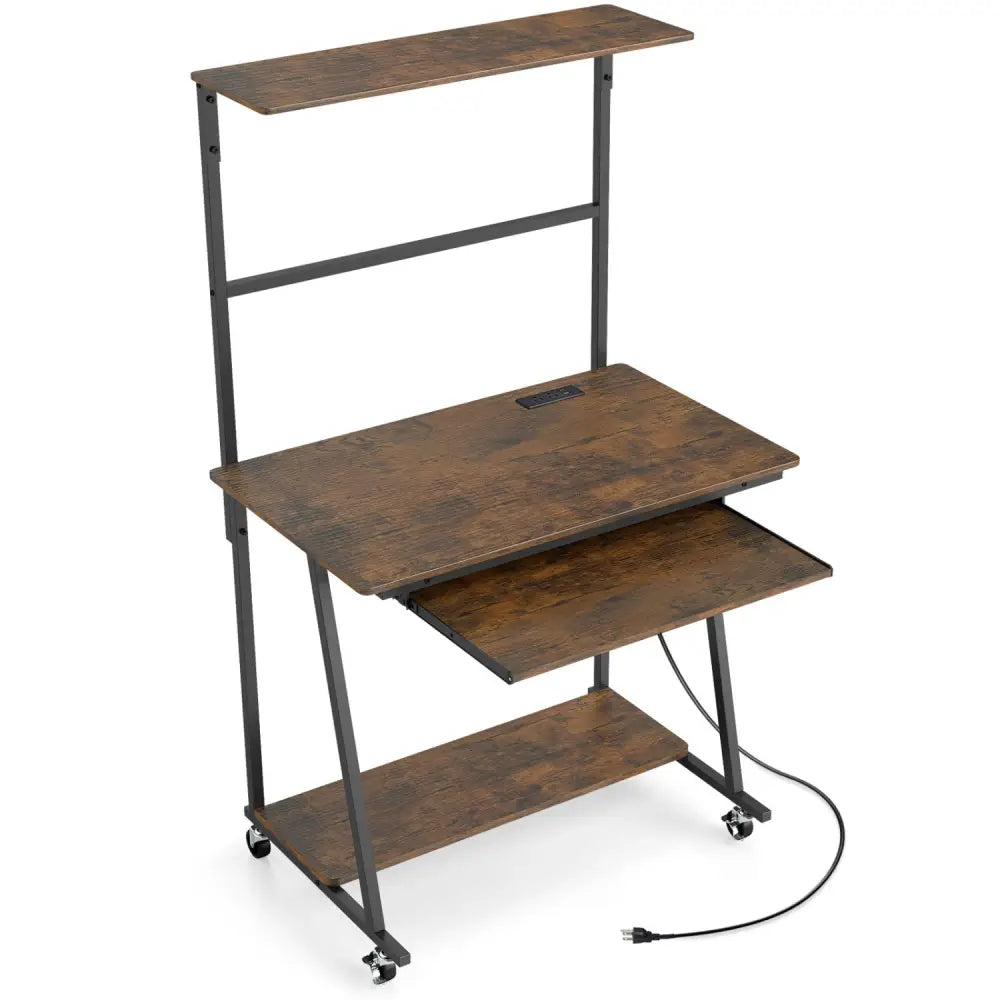 Small Computer Desk with Charging Station and LED Lights and Wheels-Rustic Brown - Rustic Brown - Computer Desks