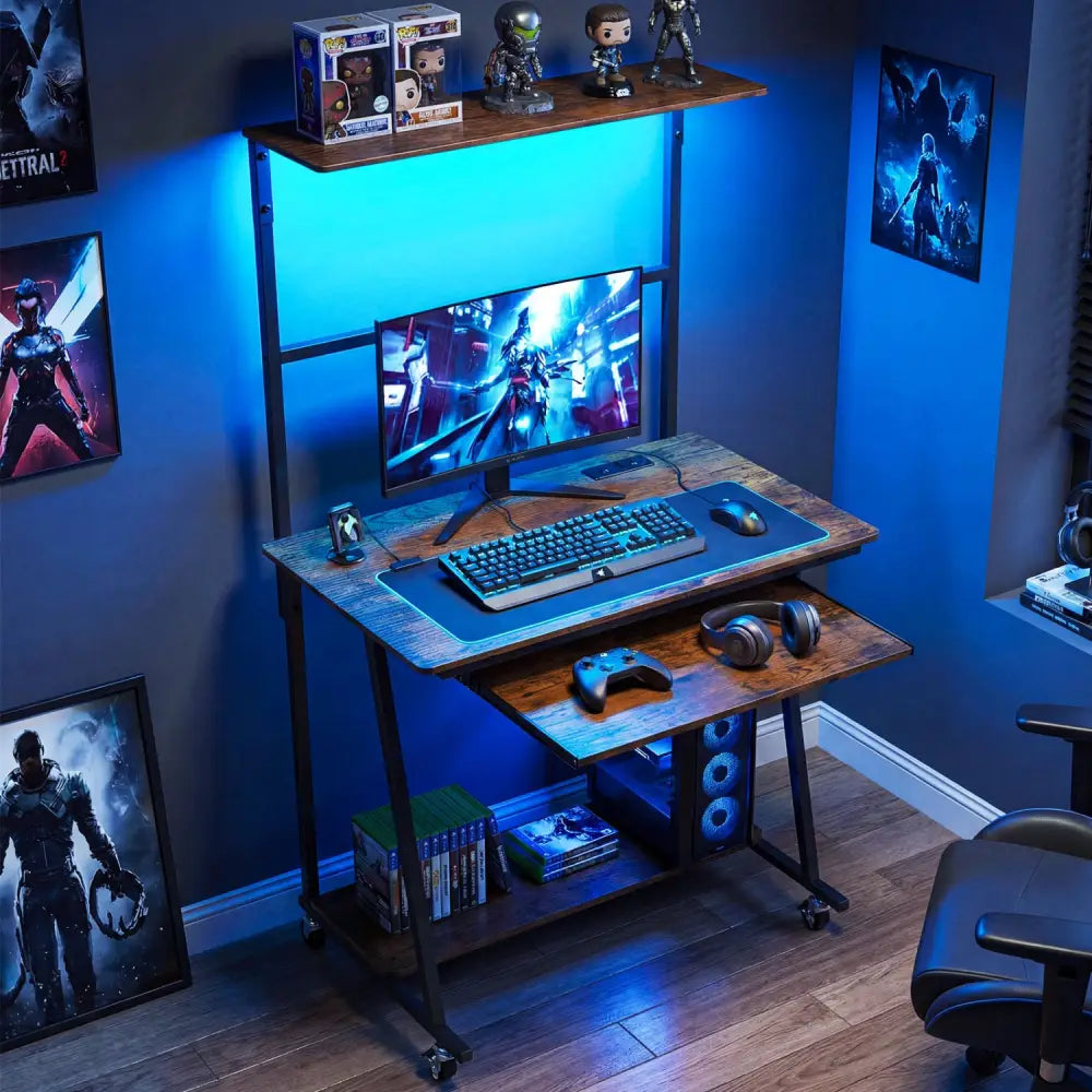 Small Computer Desk with Charging Station and LED Lights and Wheels-Rustic Brown - Rustic Brown - Computer Desks
