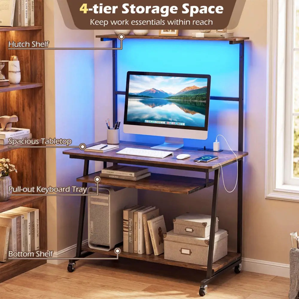 Small Computer Desk with Charging Station and LED Lights and Wheels-Rustic Brown - Rustic Brown - Computer Desks