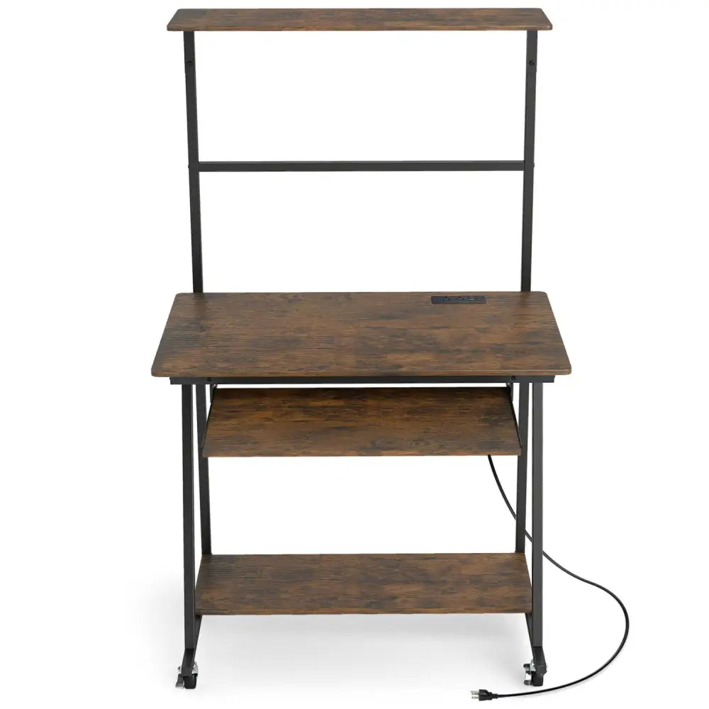 Small Computer Desk with Charging Station and LED Lights and Wheels-Rustic Brown - Rustic Brown - Computer Desks