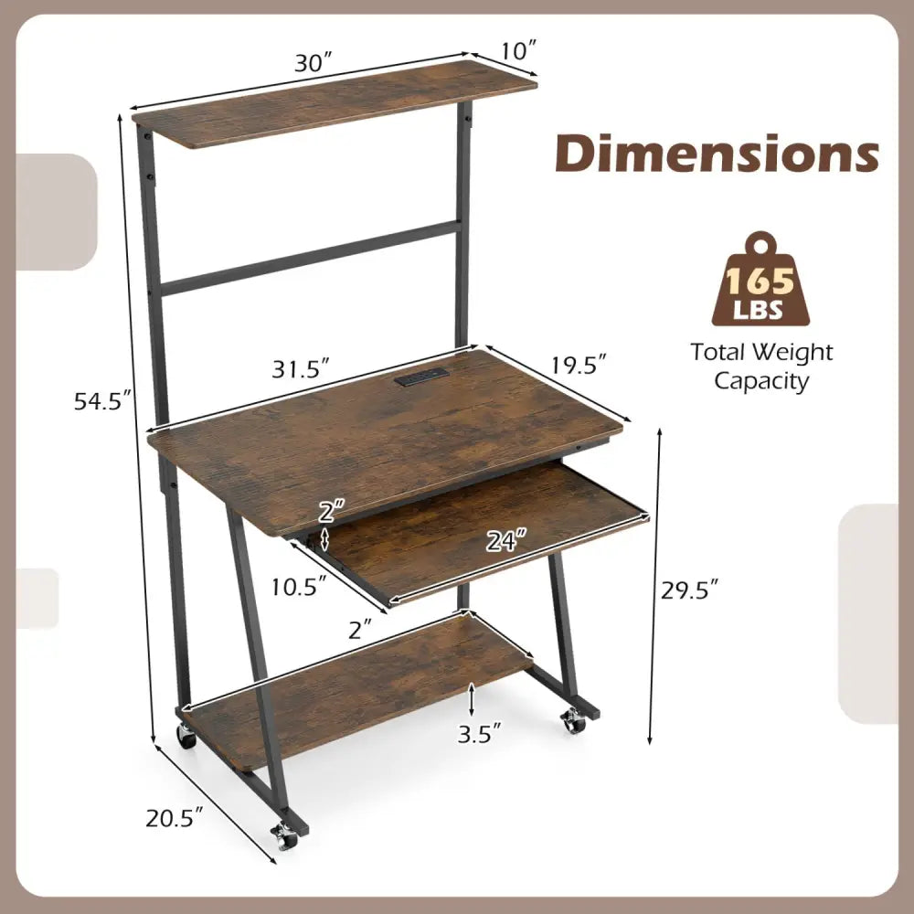 Small Computer Desk with Charging Station and LED Lights and Wheels-Rustic Brown - Rustic Brown - Computer Desks