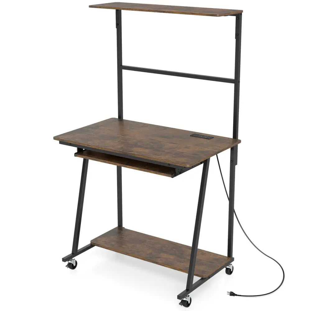 Small Computer Desk with Charging Station and LED Lights and Wheels-Rustic Brown - Rustic Brown - Computer Desks