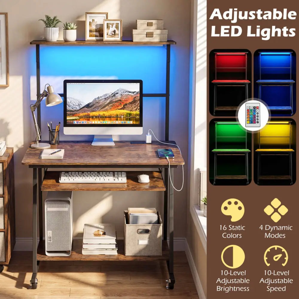 Small Computer Desk with Charging Station and LED Lights and Wheels-Rustic Brown - Rustic Brown - Computer Desks