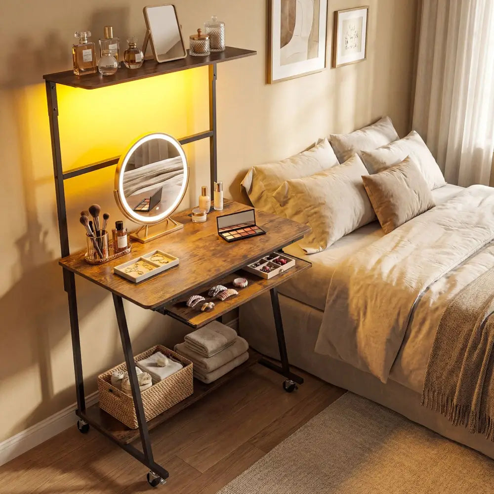 Small Computer Desk with Charging Station and LED Lights and Wheels-Rustic Brown - Rustic Brown - Computer Desks