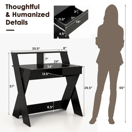 Small Computer Desk with Storage Drawer-Black - Black - Writing Desks