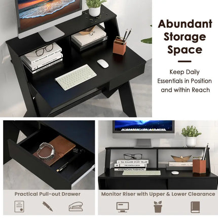 Small Computer Desk with Storage Drawer-Black - Black - Writing Desks