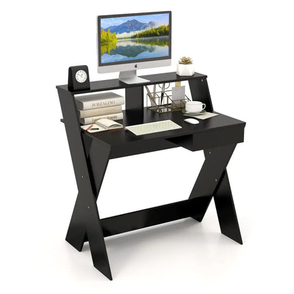 Small Computer Desk with Storage Drawer-Black - Black - Writing Desks