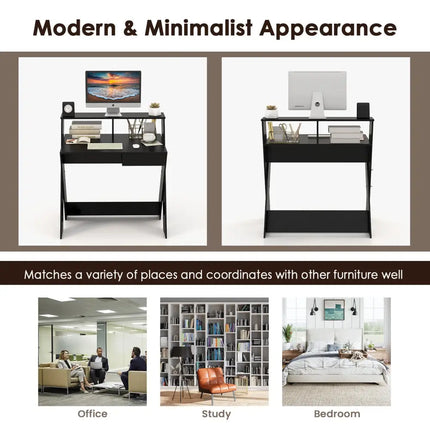 Small Computer Desk with Storage Drawer-Black - Black - Writing Desks