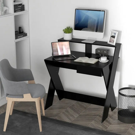 Small Computer Desk with Storage Drawer-Black - Black - Writing Desks