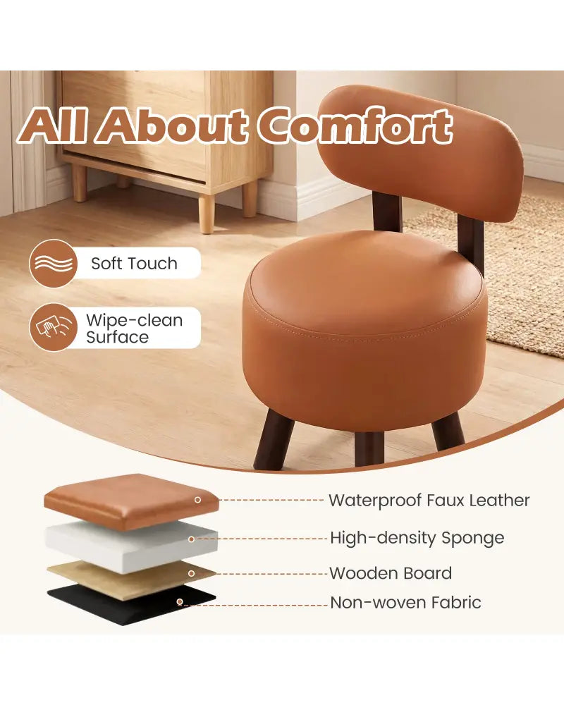 Small Footrest Stools Set of 2 Round Ottoman with Backrest-Orange - Orange - Ottomans