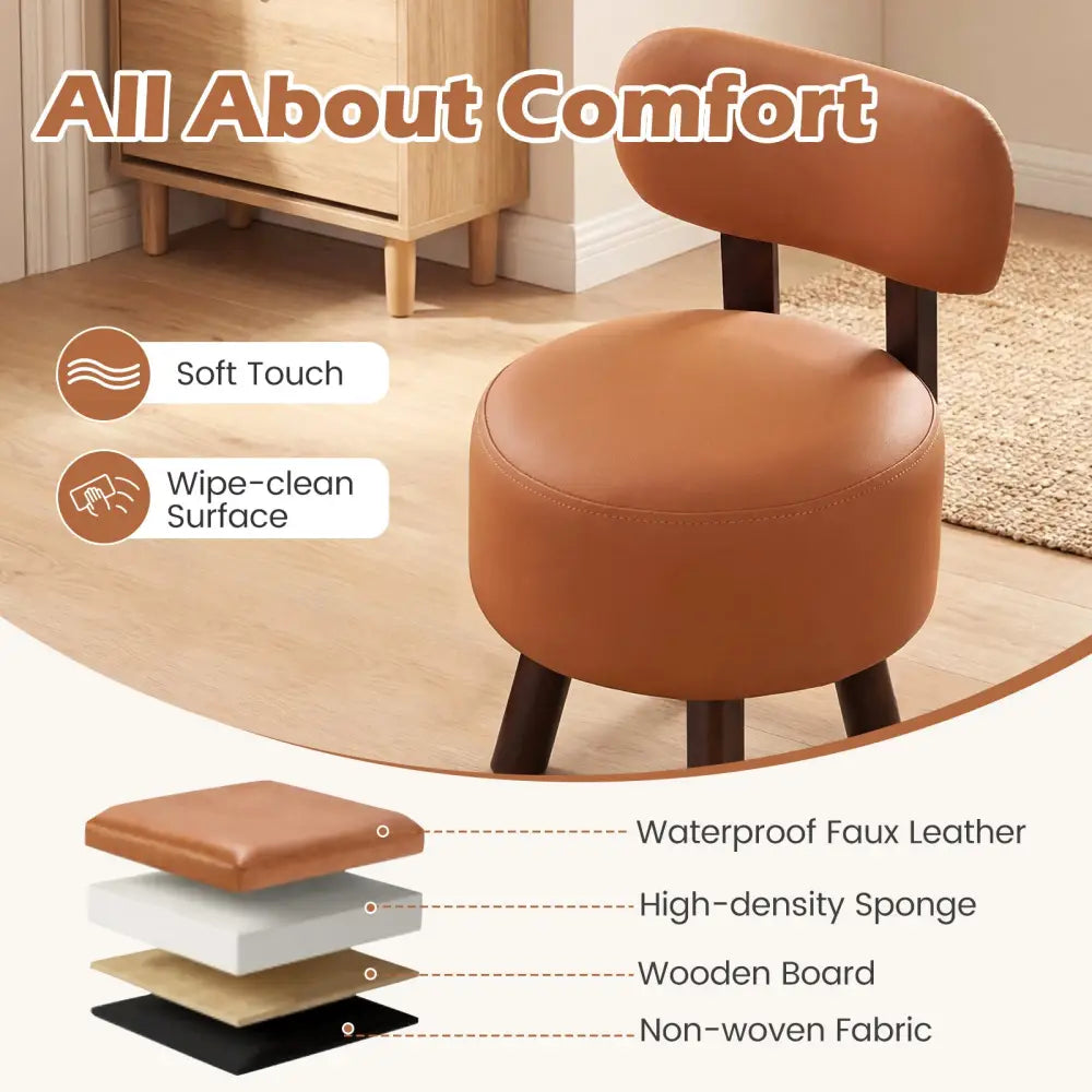 Small Footrest Stools Set of 2 Round Ottoman with Backrest-Orange - Orange - Ottomans