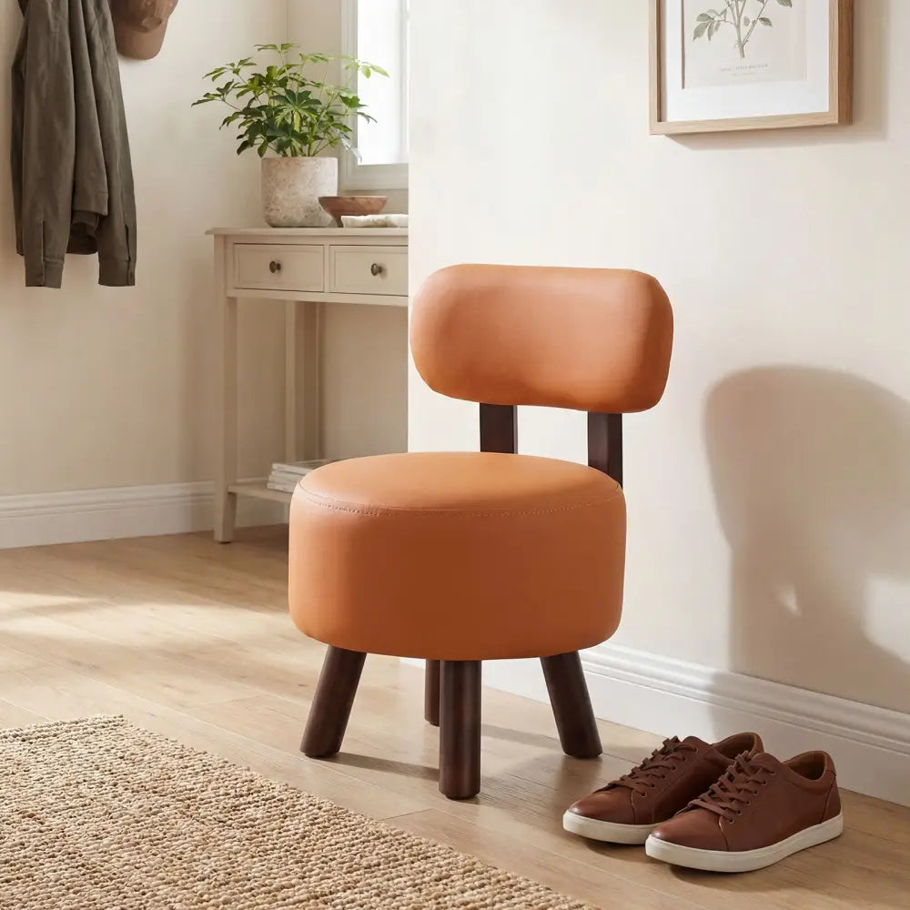 Small Footrest Stools Set of 2 Round Ottoman with Backrest-Orange - Orange - Ottomans