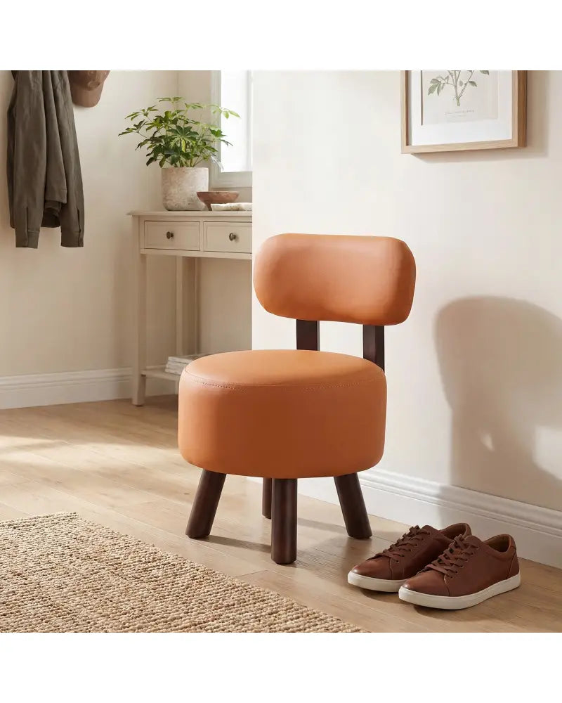 Small Footrest Stools Set of 2 Round Ottoman with Backrest-Orange - Orange - Ottomans