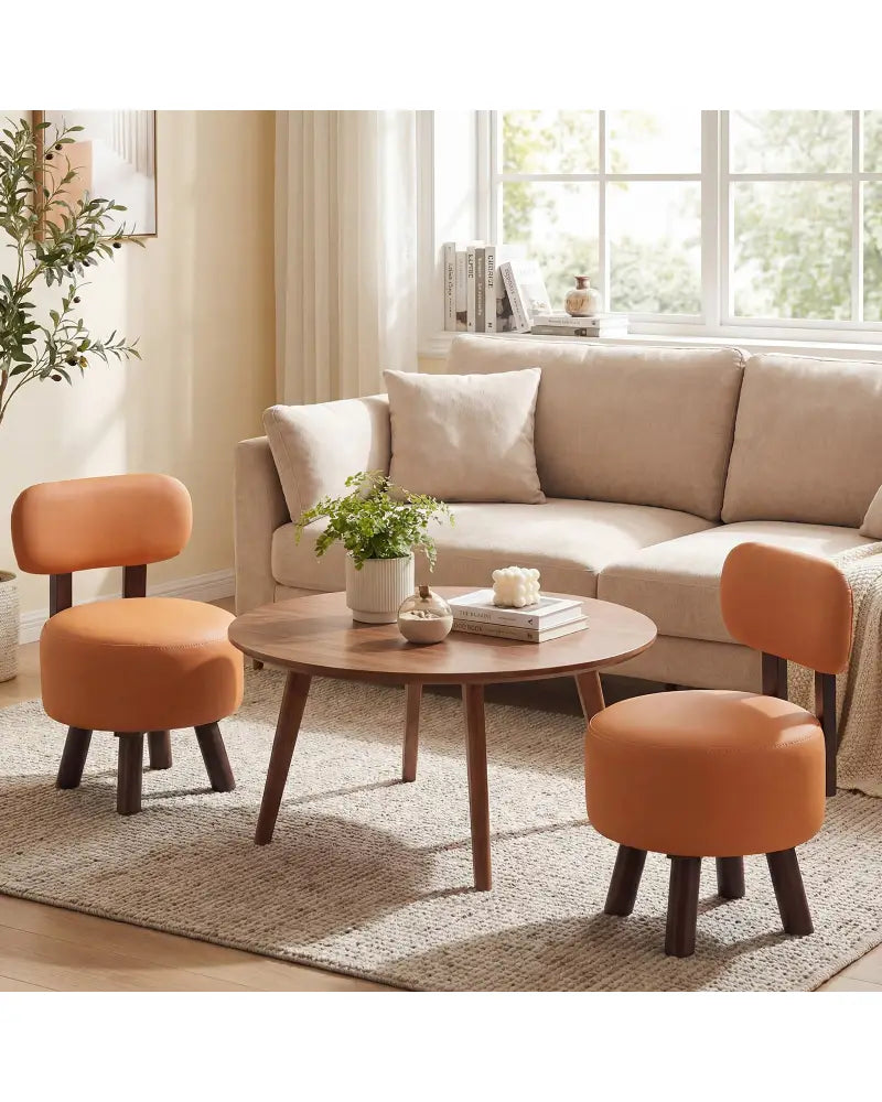 Small Footrest Stools Set of 2 Round Ottoman with Backrest-Orange - Orange - Ottomans