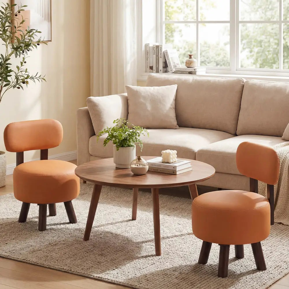 Small Footrest Stools Set of 2 Round Ottoman with Backrest-Orange - Orange - Ottomans
