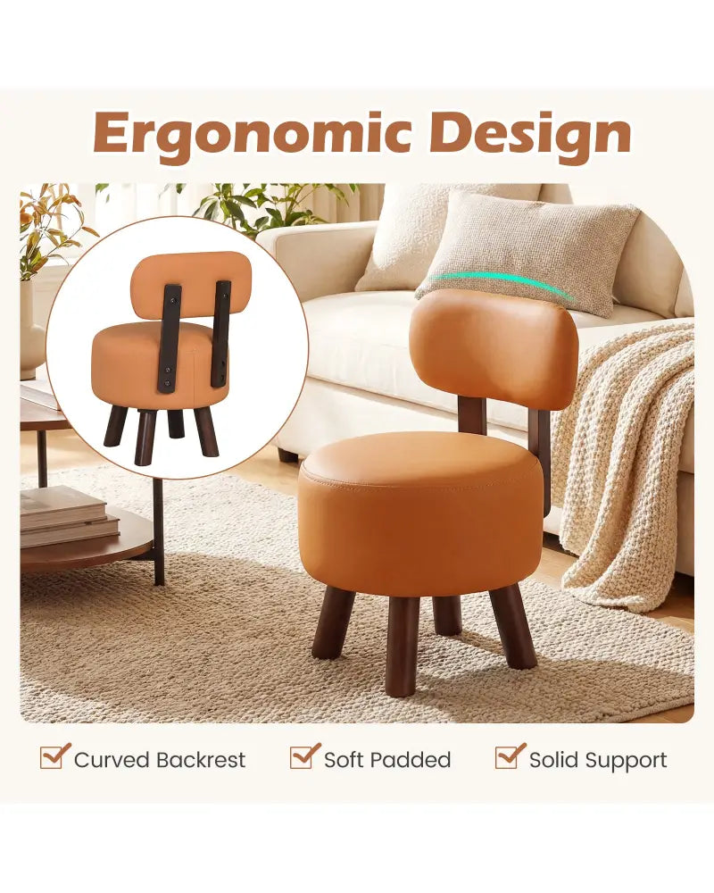 Small Footrest Stools Set of 2 Round Ottoman with Backrest-Orange - Orange - Ottomans