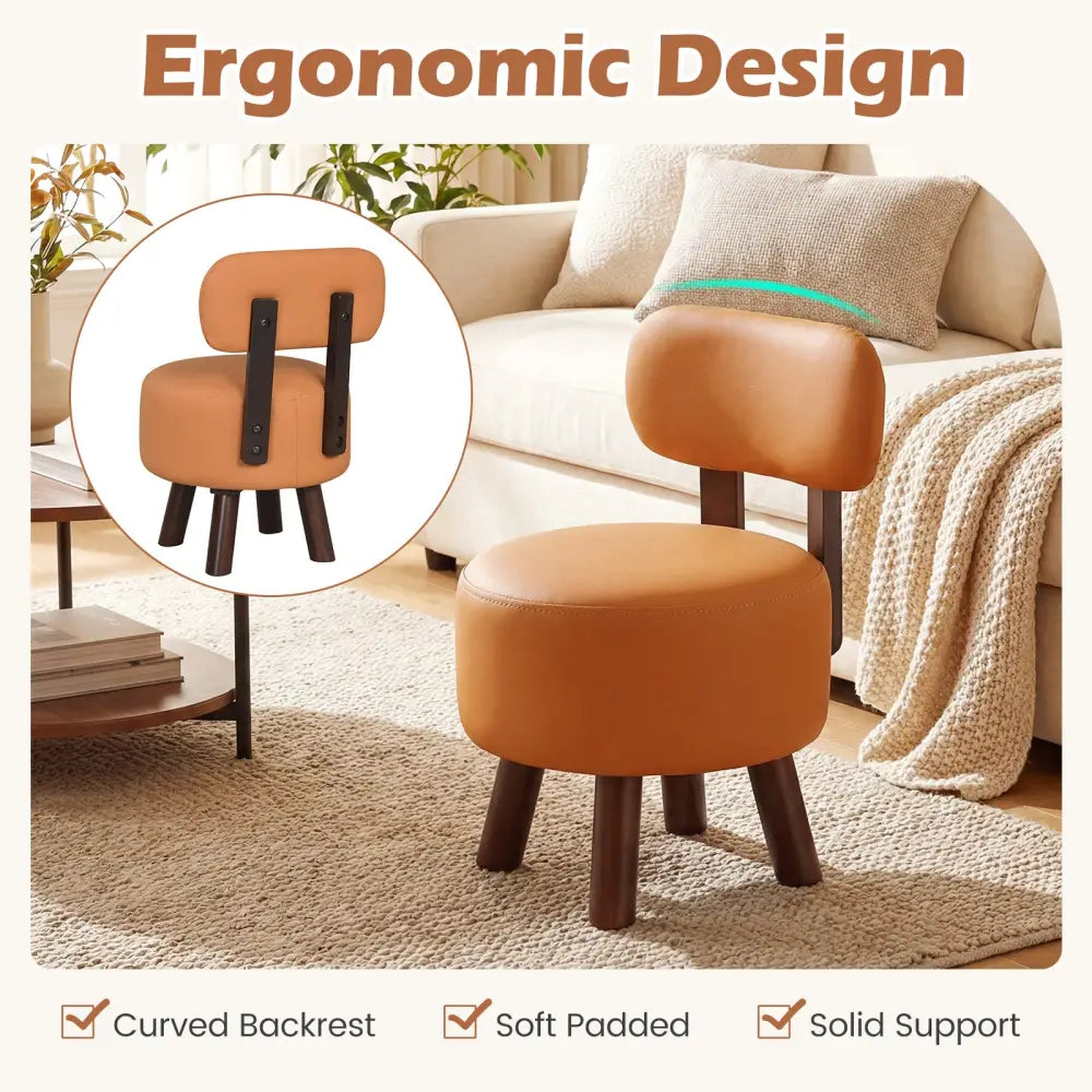Small Footrest Stools Set of 2 Round Ottoman with Backrest-Orange - Orange - Ottomans