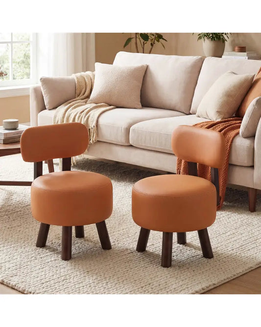 Small Footrest Stools Set of 2 Round Ottoman with Backrest-Orange - Orange - Ottomans