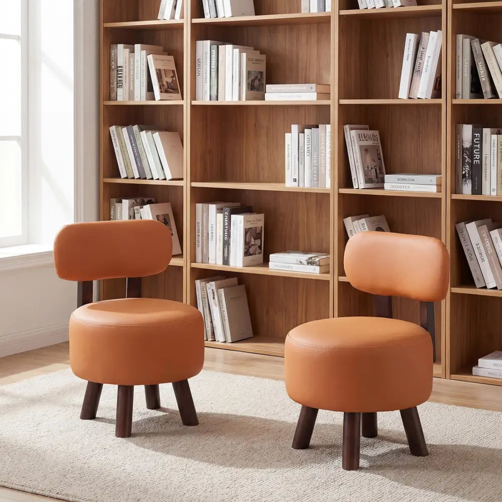 Small Footrest Stools Set of 2 Round Ottoman with Backrest-Orange - Orange - Ottomans