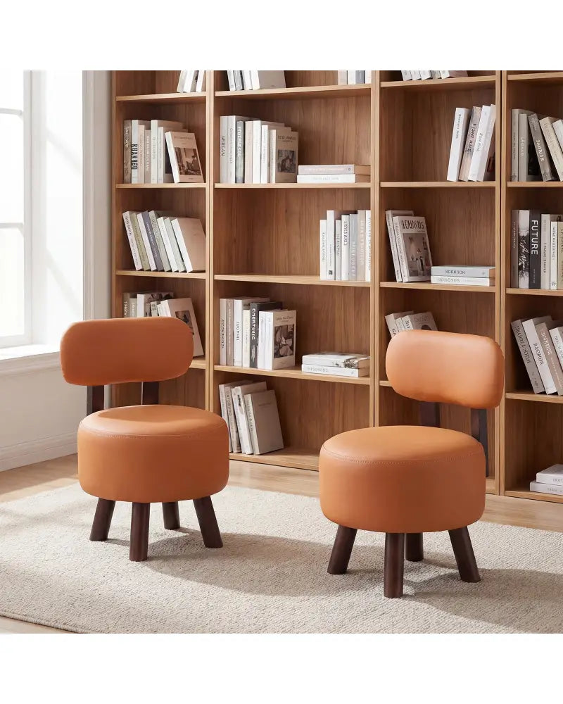 Small Footrest Stools Set of 2 Round Ottoman with Backrest-Orange - Orange - Ottomans