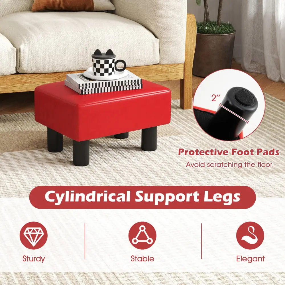Small PU Leather Rectangular Seat Ottoman Footstool-Red - Red - Ottomans