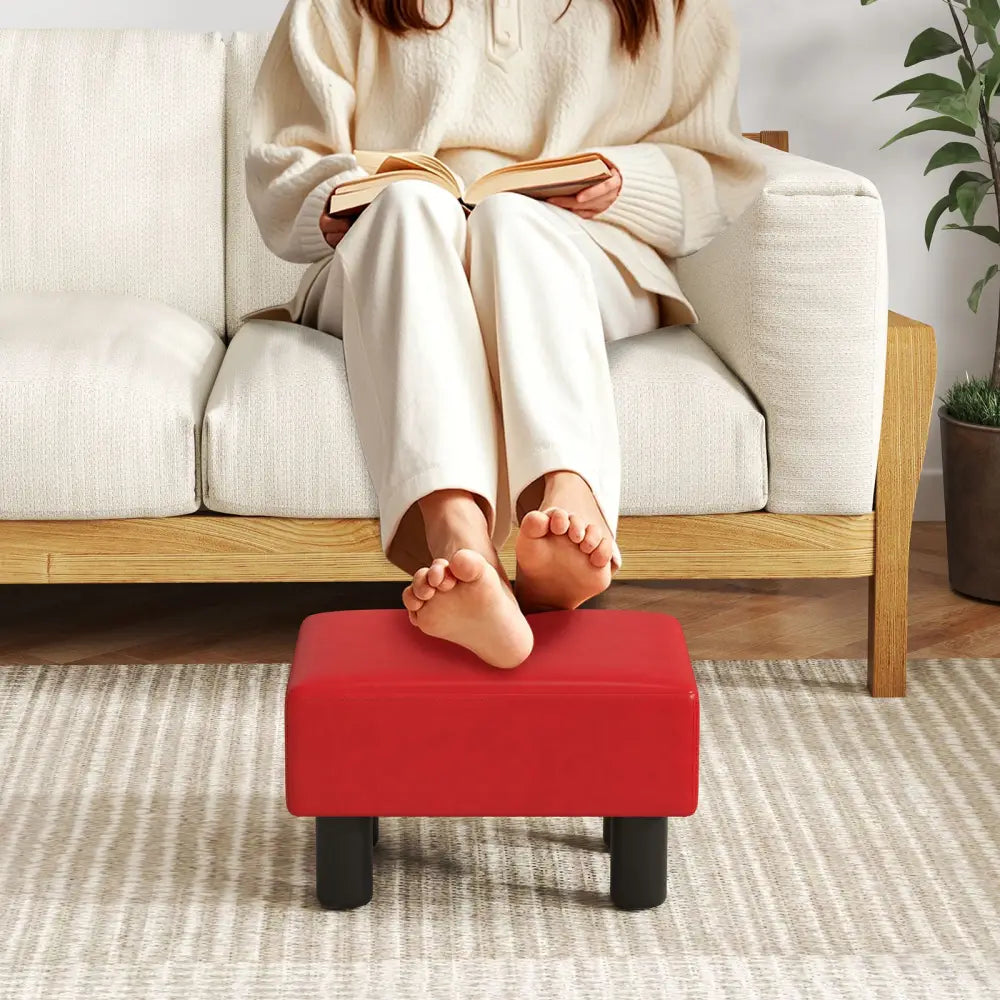 Small PU Leather Rectangular Seat Ottoman Footstool-Red - Red - Ottomans