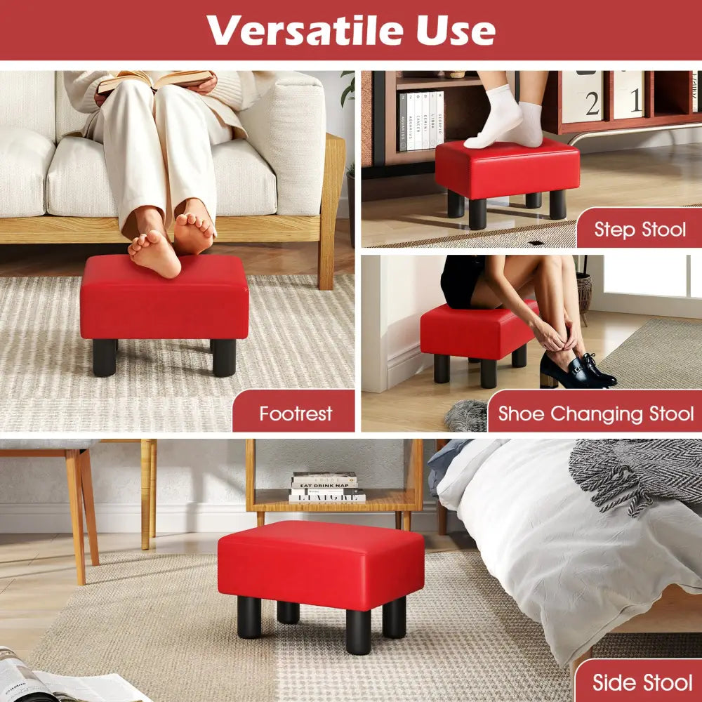 Small PU Leather Rectangular Seat Ottoman Footstool-Red - Red - Ottomans