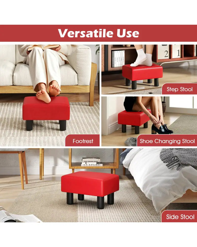 Small PU Leather Rectangular Seat Ottoman Footstool-Red - Red - Ottomans
