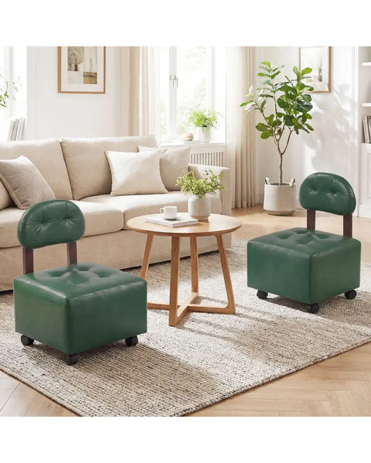 Small Rolling Footrest Stools Set of 2 with Lockable Wheels-Green - Green - Ottomans