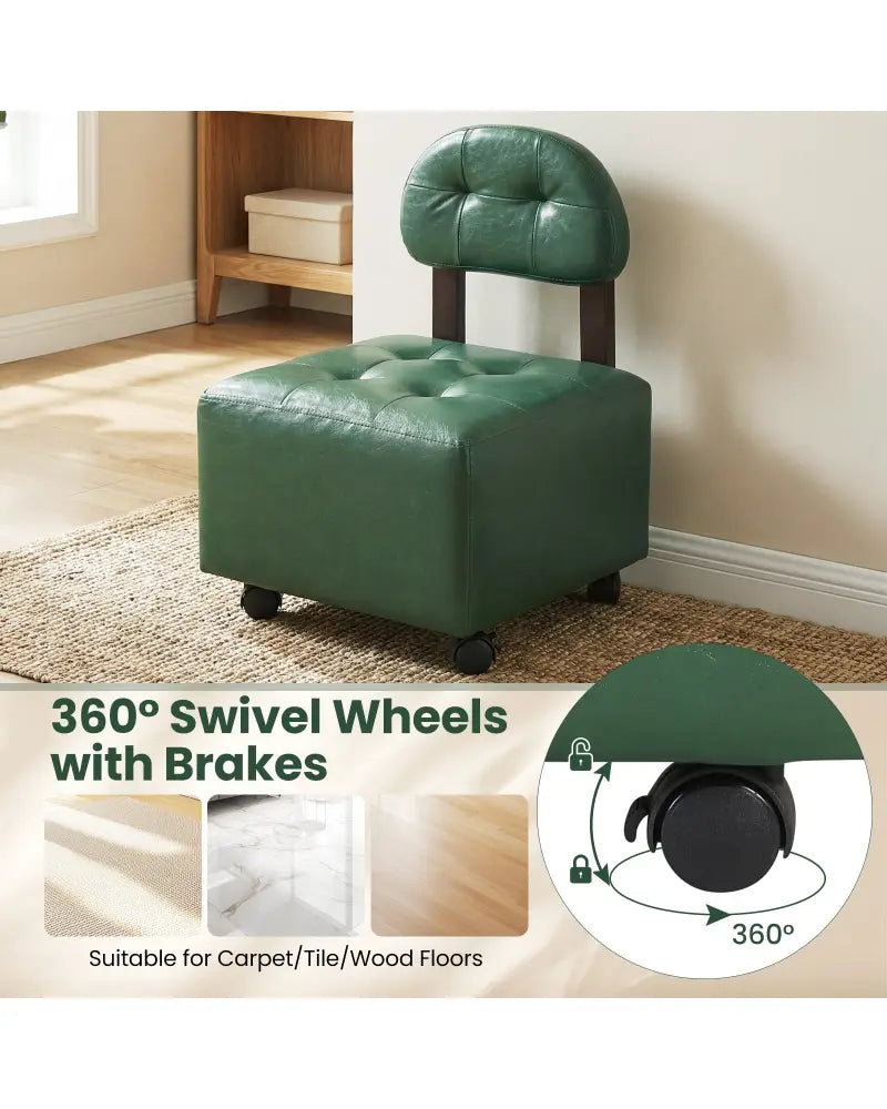 Small Rolling Footrest Stools Set of 2 with Lockable Wheels-Green - Green - Ottomans