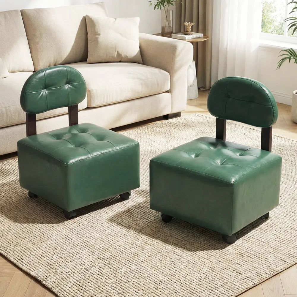 Small Rolling Footrest Stools Set of 2 with Lockable Wheels-Green - Green - Ottomans