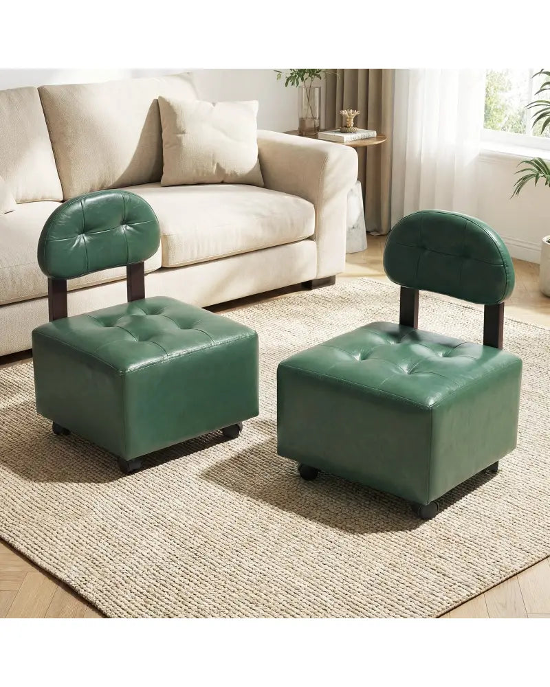Small Rolling Footrest Stools Set of 2 with Lockable Wheels-Green - Green - Ottomans